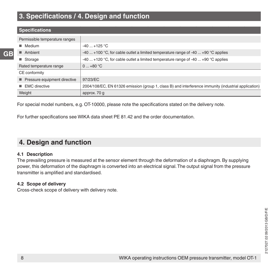 Gb 3. specifications / 4. design and function, Design and function | WIKA OT-1 User Manual | Page 8 / 60