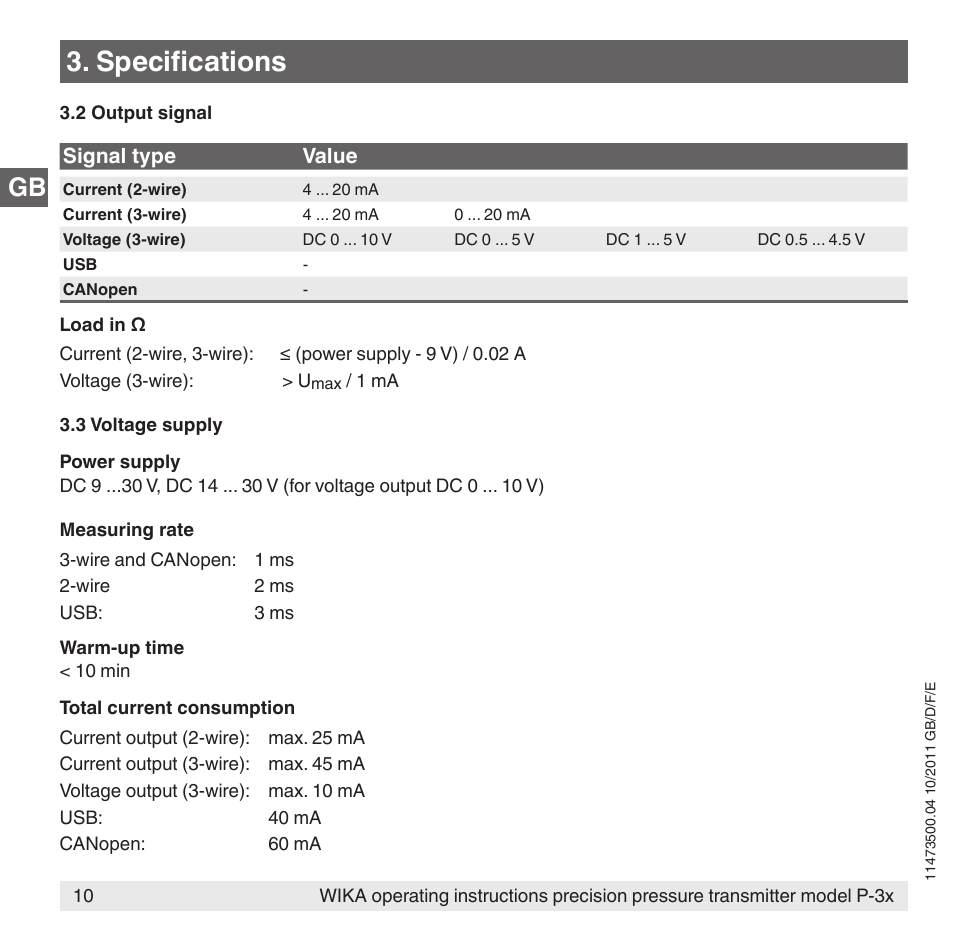 Specifications | WIKA P-31 User Manual | Page 10 / 92