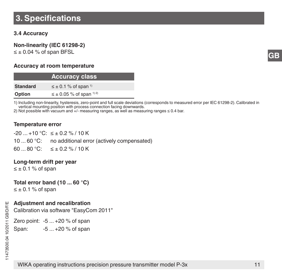 Specifications, Accuracy class | WIKA P-31 User Manual | Page 11 / 92