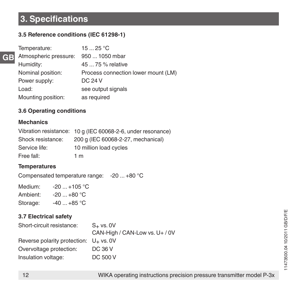 Specifications | WIKA P-31 User Manual | Page 12 / 92