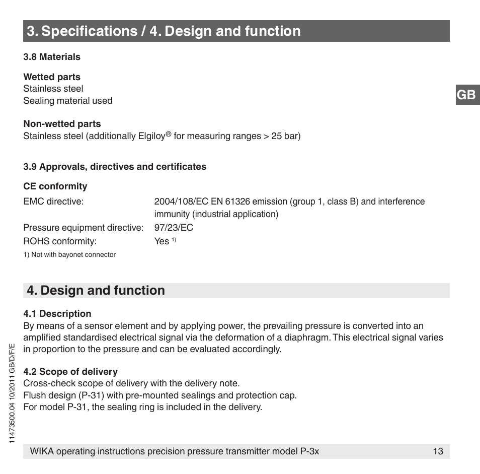 Specifications / 4. design and function, Design and function | WIKA P-31 User Manual | Page 13 / 92