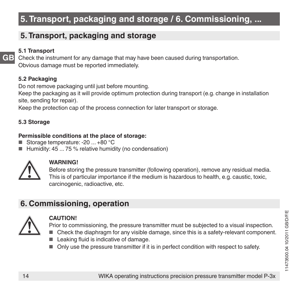 Transport, packaging and storage, Commissioning, operation | WIKA P-31 User Manual | Page 14 / 92