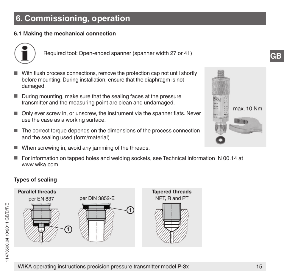 Commissioning, operation | WIKA P-31 User Manual | Page 15 / 92