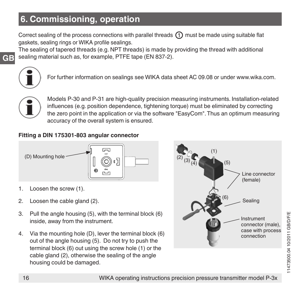 Commissioning, operation | WIKA P-31 User Manual | Page 16 / 92