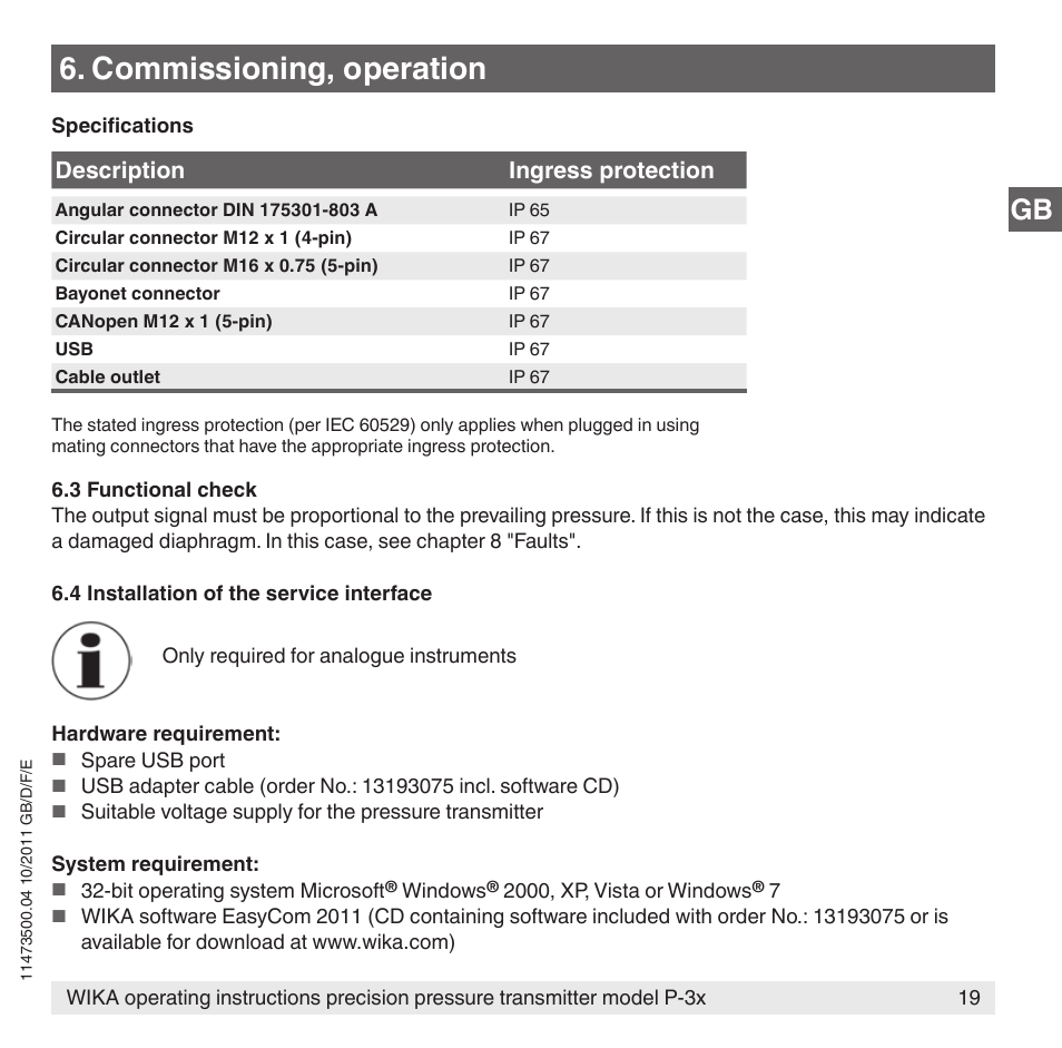 Commissioning, operation, Description ingress protection | WIKA P-31 User Manual | Page 19 / 92
