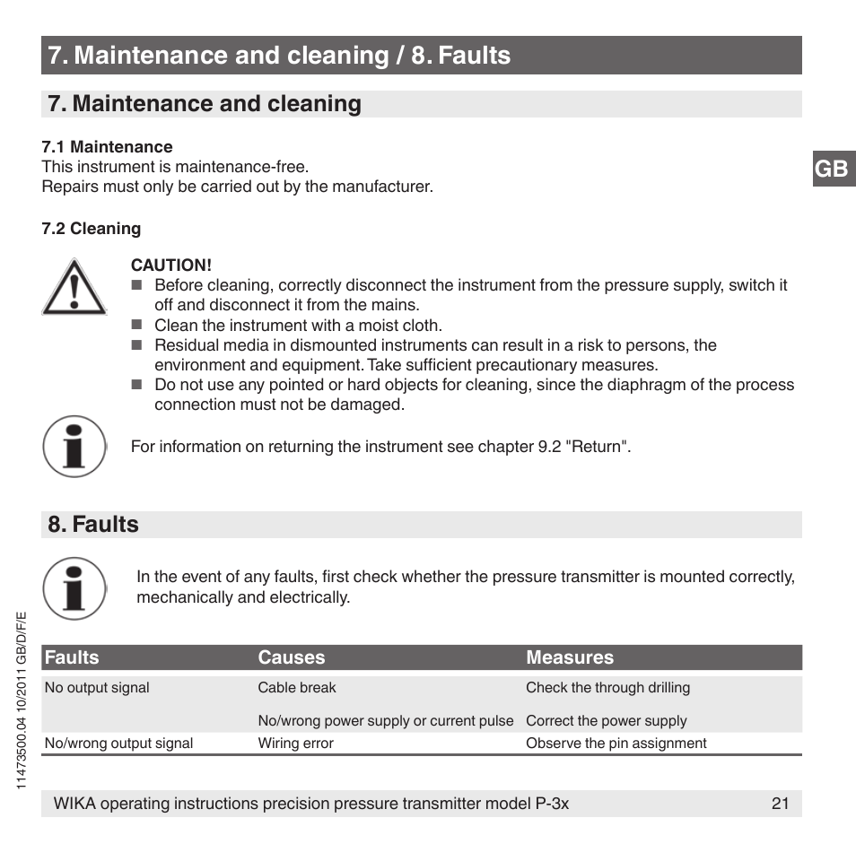 Maintenance and cleaning / 8. faults, Maintenance and cleaning, Faults | WIKA P-31 User Manual | Page 21 / 92