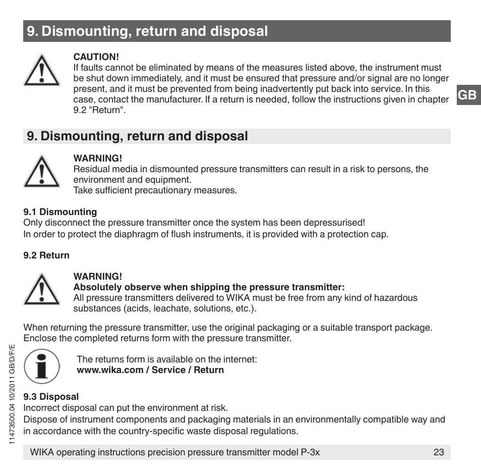 Dismounting, return and disposal | WIKA P-31 User Manual | Page 23 / 92