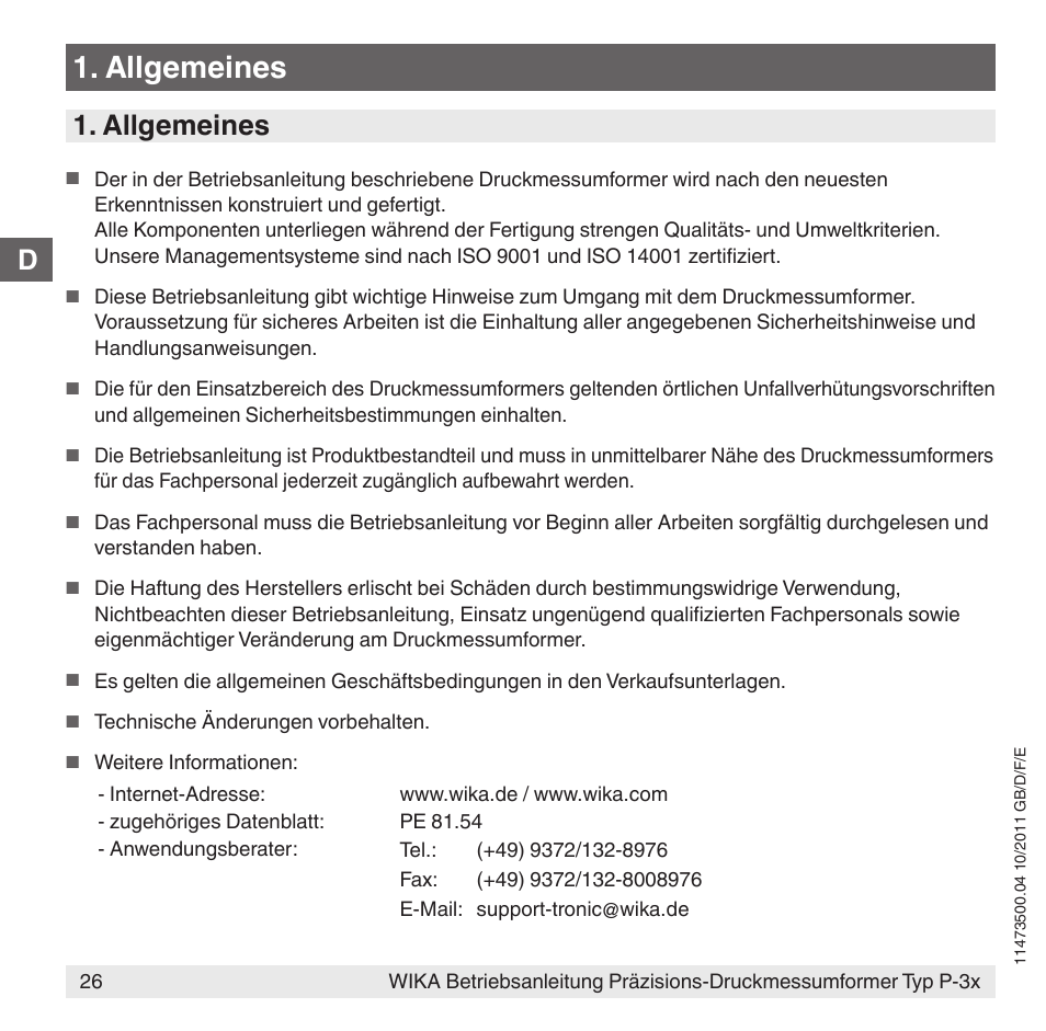 Allgemeines, D1. allgemeines | WIKA P-31 User Manual | Page 26 / 92
