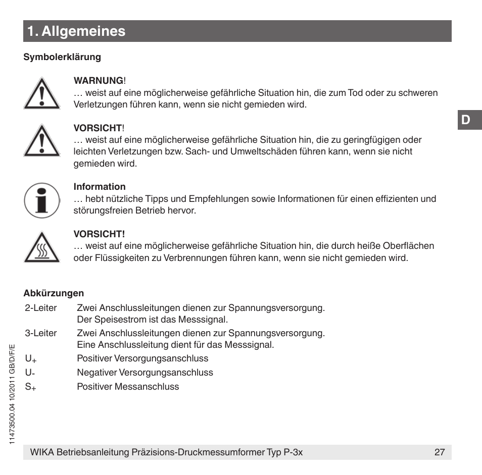 Allgemeines | WIKA P-31 User Manual | Page 27 / 92