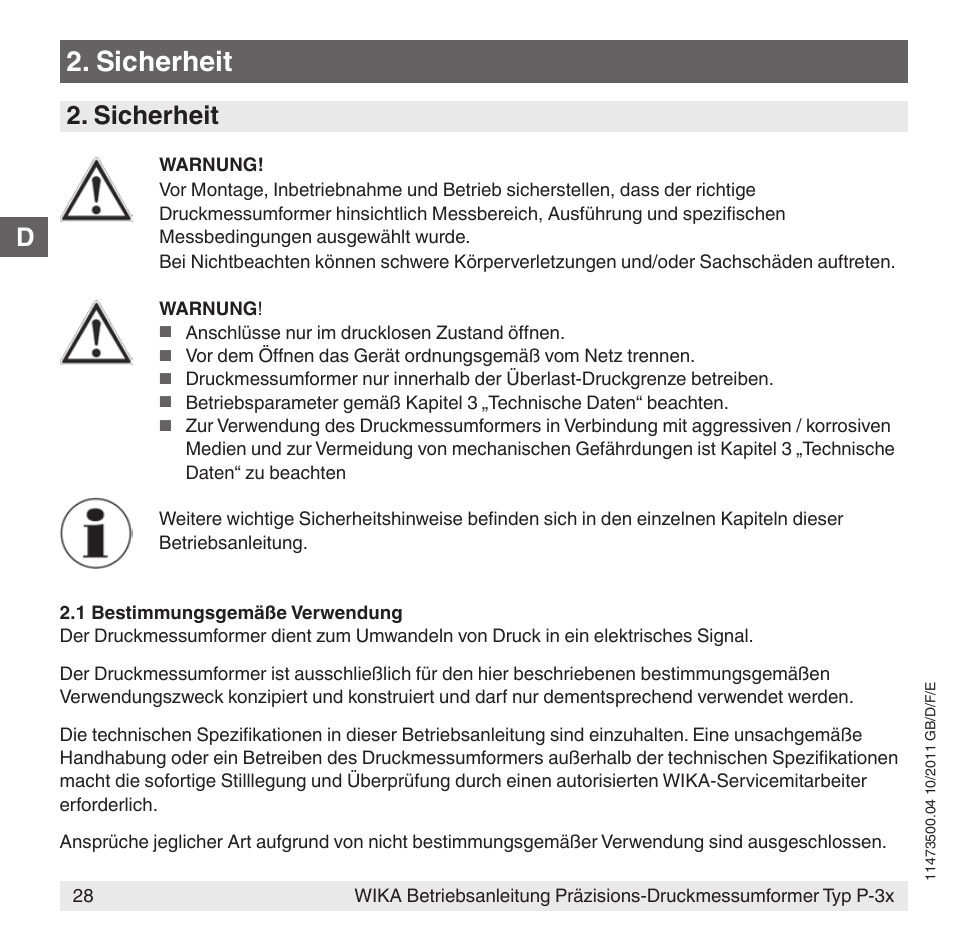 Sicherheit, D2. sicherheit | WIKA P-31 User Manual | Page 28 / 92