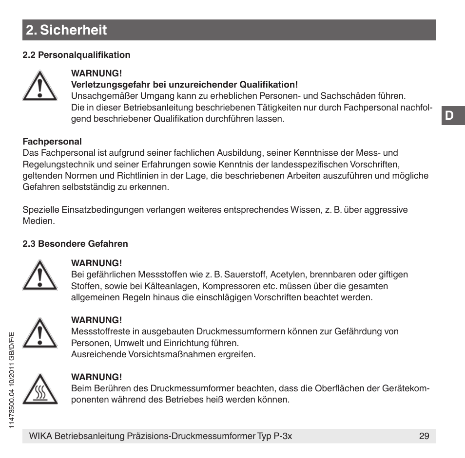 Sicherheit | WIKA P-31 User Manual | Page 29 / 92