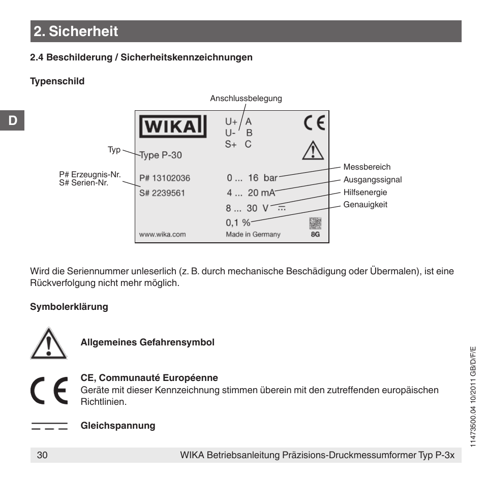 Sicherheit | WIKA P-31 User Manual | Page 30 / 92