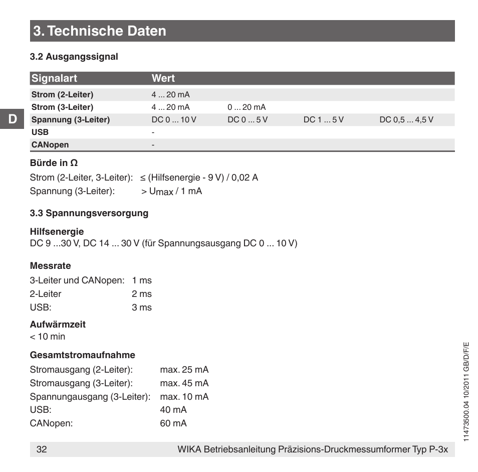 Technische daten | WIKA P-31 User Manual | Page 32 / 92