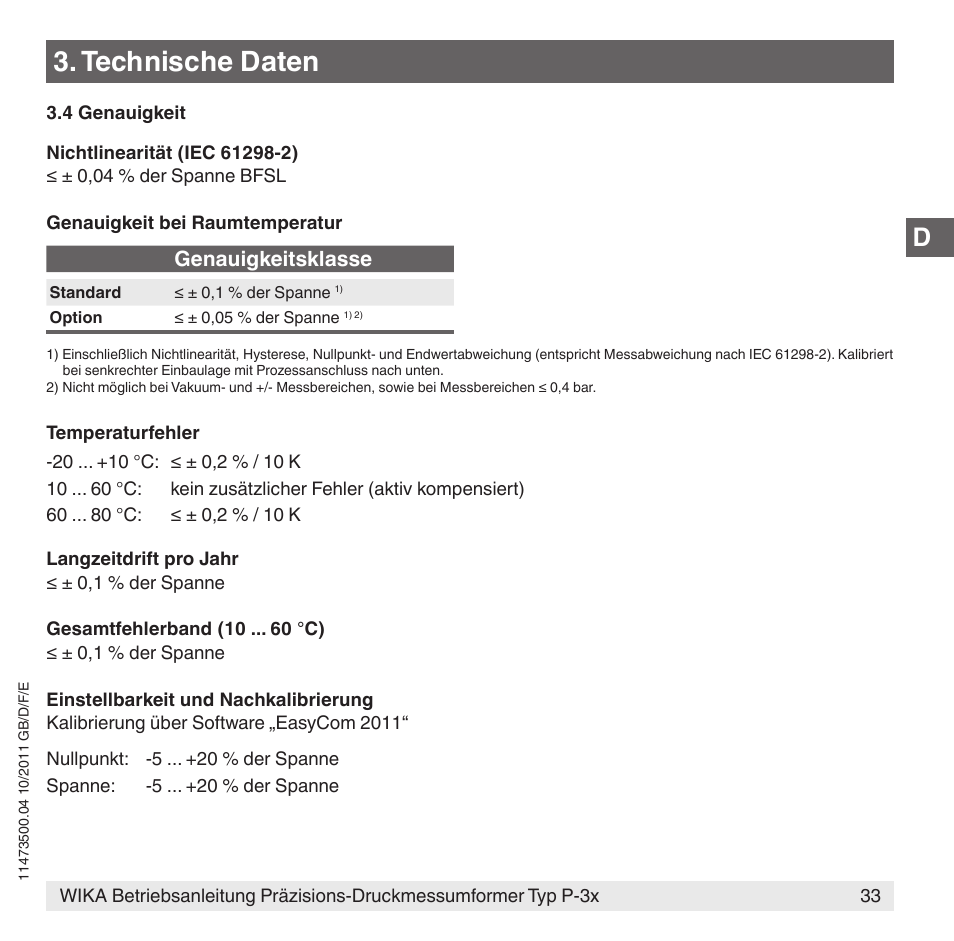 Technische daten, Genauigkeitsklasse | WIKA P-31 User Manual | Page 33 / 92