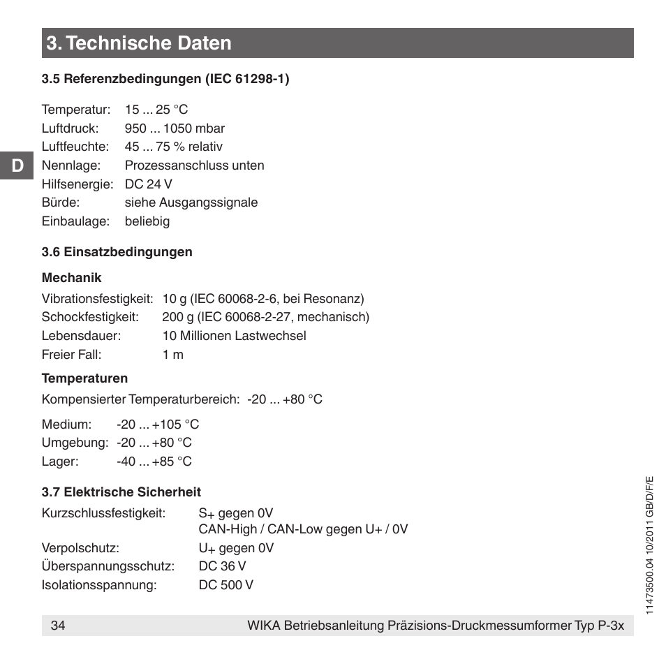 Technische daten | WIKA P-31 User Manual | Page 34 / 92
