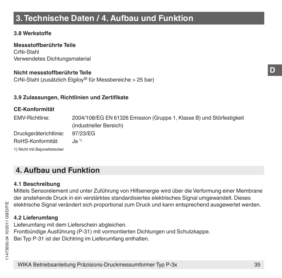 Technische daten / 4. aufbau und funktion, Aufbau und funktion | WIKA P-31 User Manual | Page 35 / 92