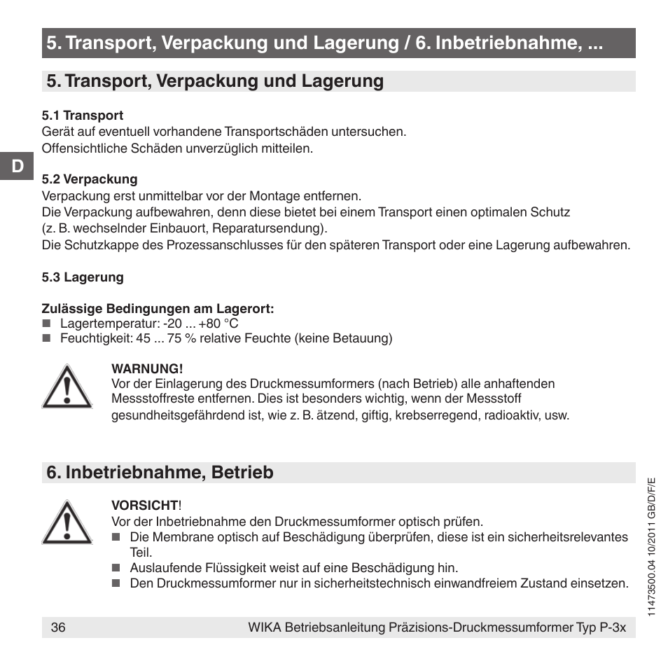Transport, verpackung und lagerung, Inbetriebnahme, betrieb | WIKA P-31 User Manual | Page 36 / 92