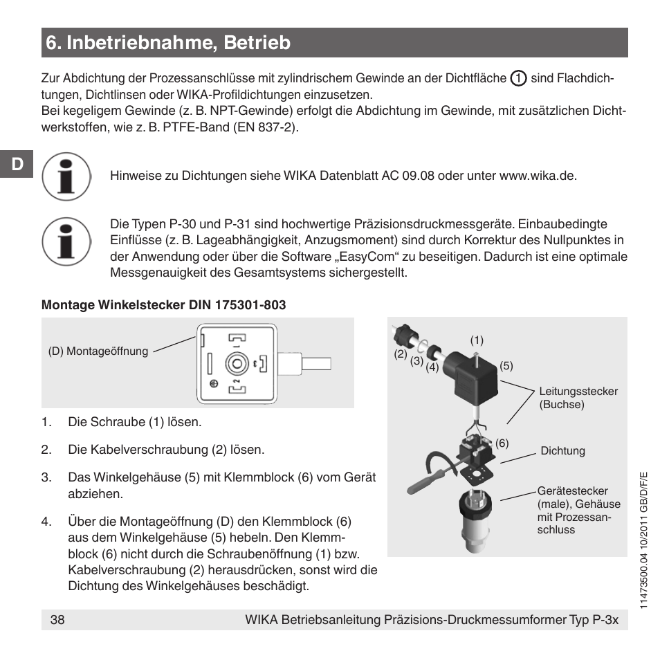 Inbetriebnahme, betrieb | WIKA P-31 User Manual | Page 38 / 92