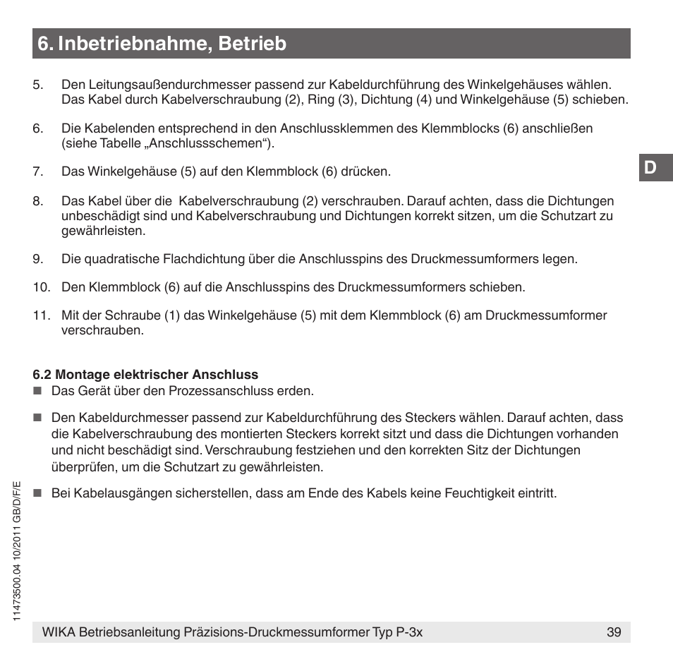 Inbetriebnahme, betrieb | WIKA P-31 User Manual | Page 39 / 92