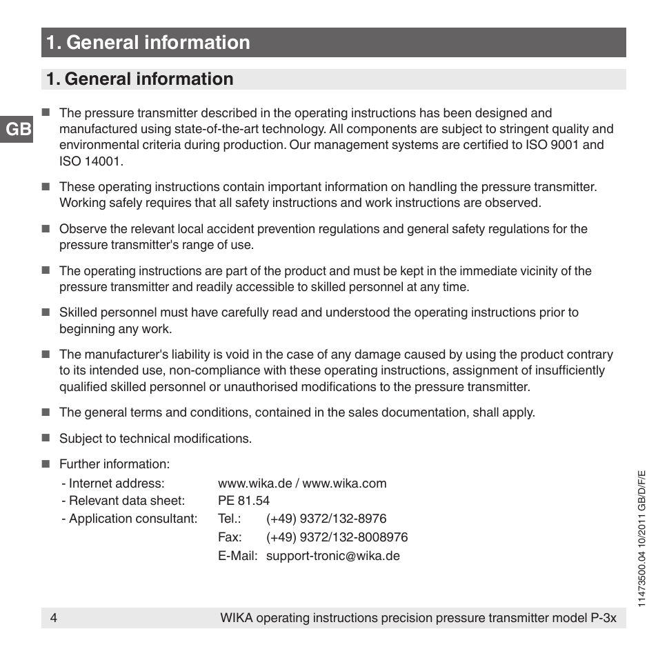 General information, Gb 1. general information | WIKA P-31 User Manual | Page 4 / 92