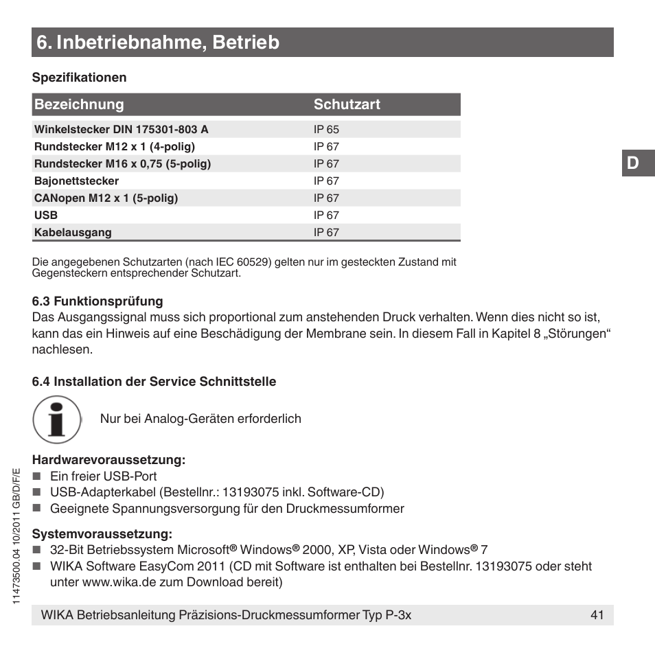 Inbetriebnahme, betrieb, Bezeichnung schutzart | WIKA P-31 User Manual | Page 41 / 92