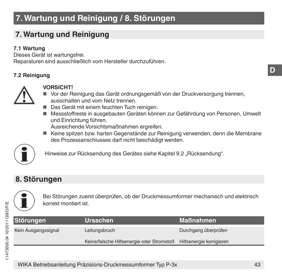 Wartung und reinigung / 8. störungen, Wartung und reinigung, Störungen | WIKA P-31 User Manual | Page 43 / 92