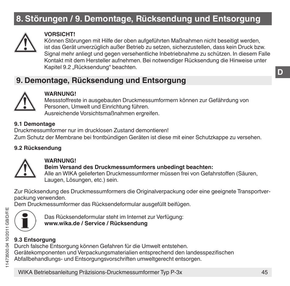 Demontage, rücksendung und entsorgung | WIKA P-31 User Manual | Page 45 / 92