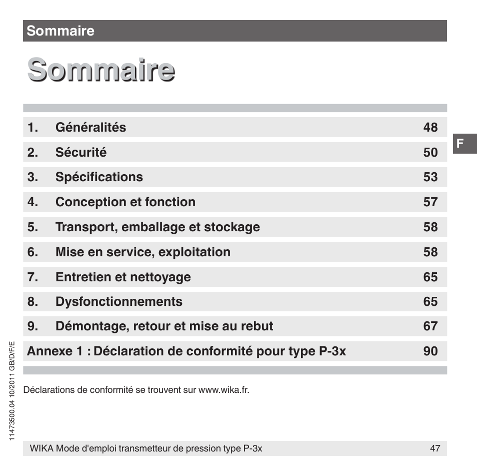 Sommaire | WIKA P-31 User Manual | Page 47 / 92