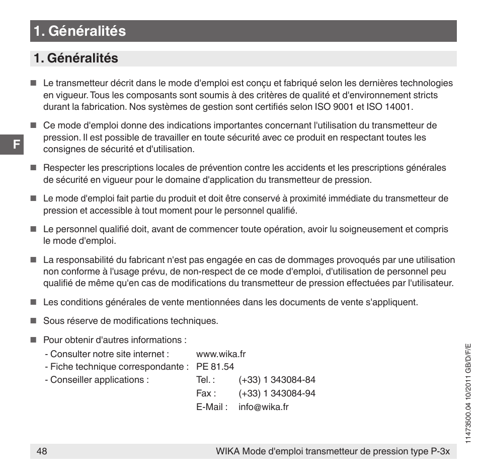 Généralités | WIKA P-31 User Manual | Page 48 / 92