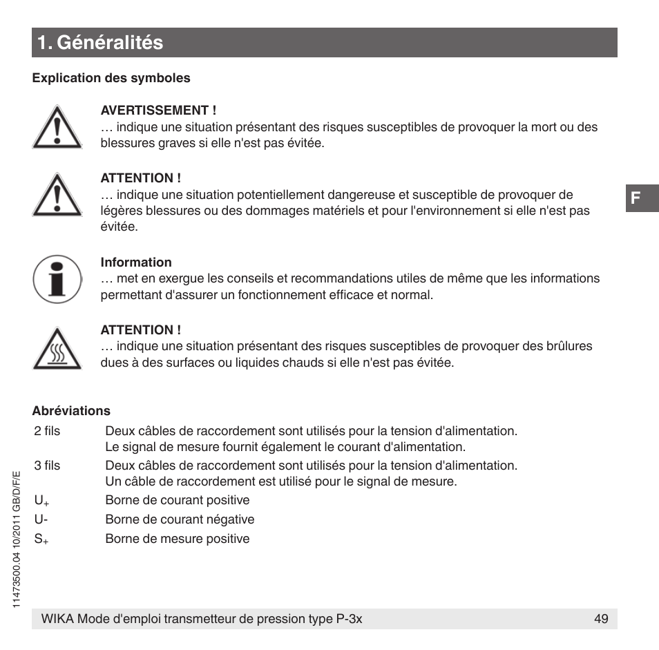Généralités | WIKA P-31 User Manual | Page 49 / 92