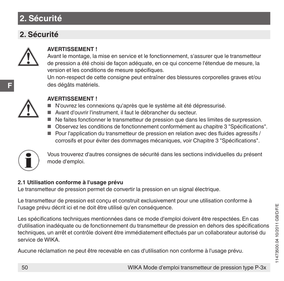Sécurité | WIKA P-31 User Manual | Page 50 / 92