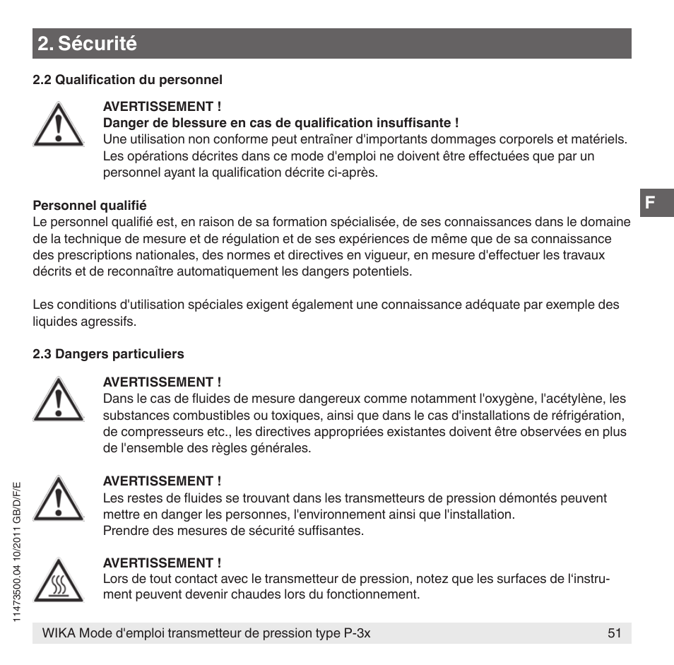 Sécurité | WIKA P-31 User Manual | Page 51 / 92