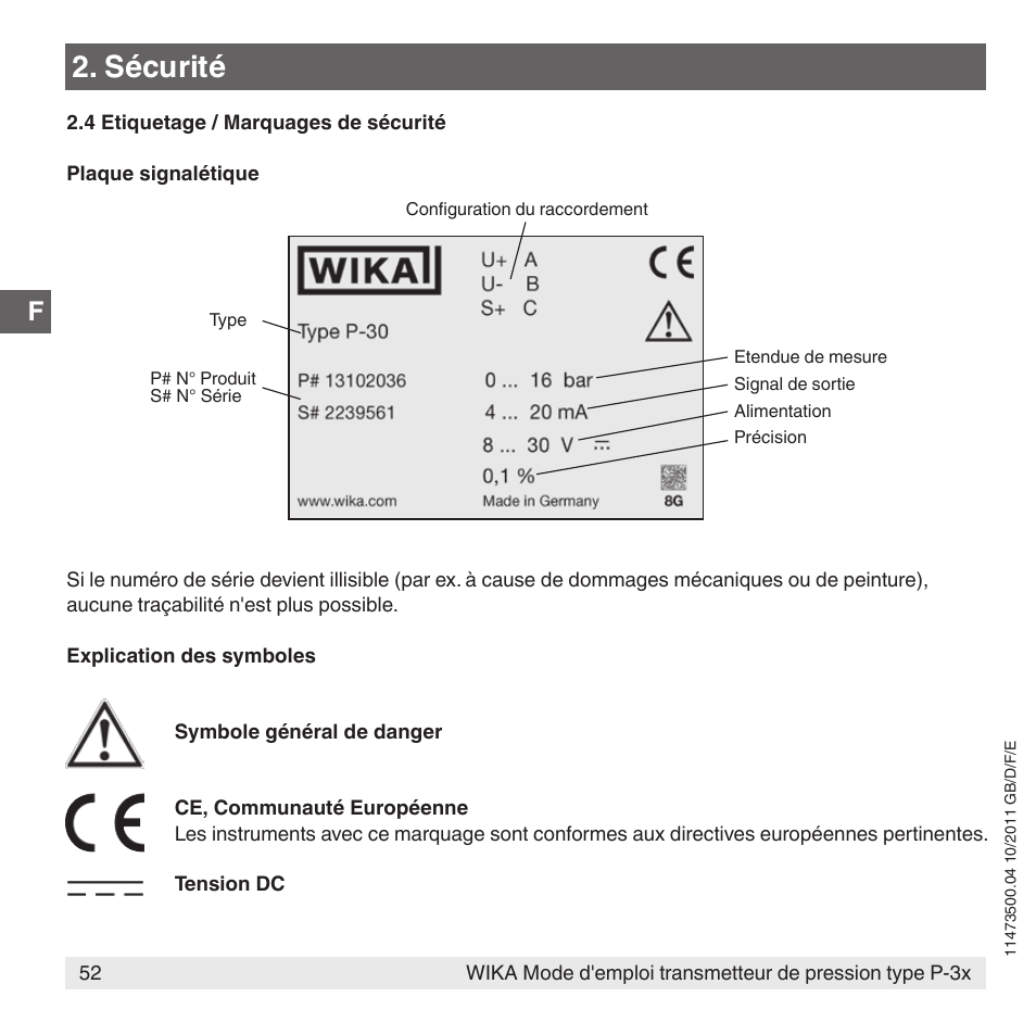Sécurité | WIKA P-31 User Manual | Page 52 / 92