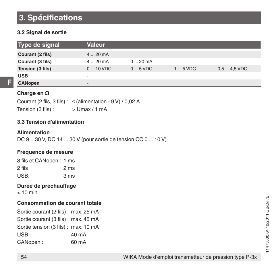 Spécifications | WIKA P-31 User Manual | Page 54 / 92