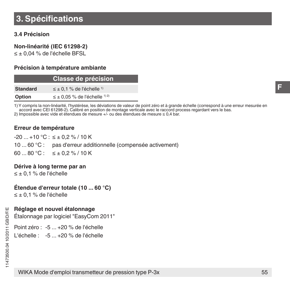 Spécifications, Classe de précision | WIKA P-31 User Manual | Page 55 / 92