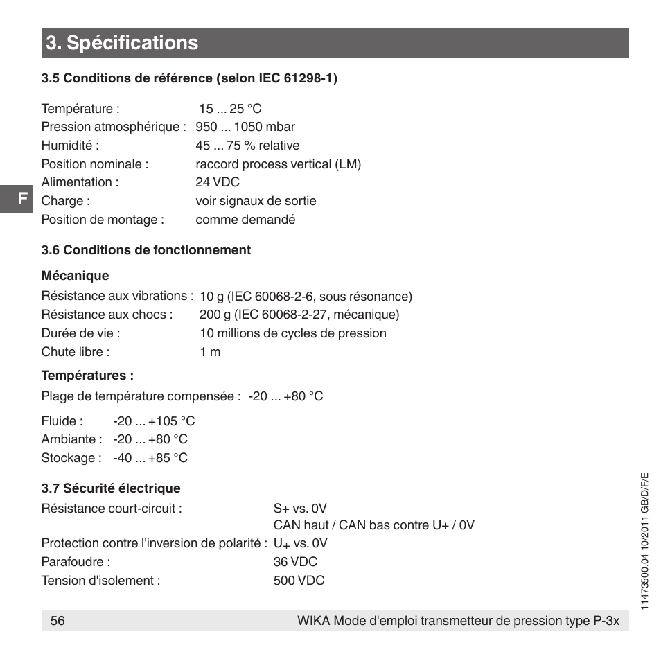Spécifications | WIKA P-31 User Manual | Page 56 / 92
