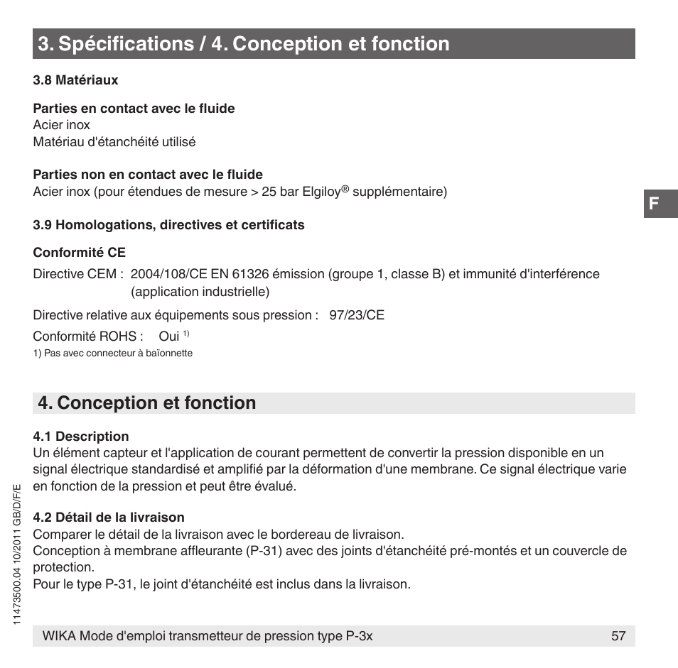 Spécifications / 4. conception et fonction, Conception et fonction | WIKA P-31 User Manual | Page 57 / 92