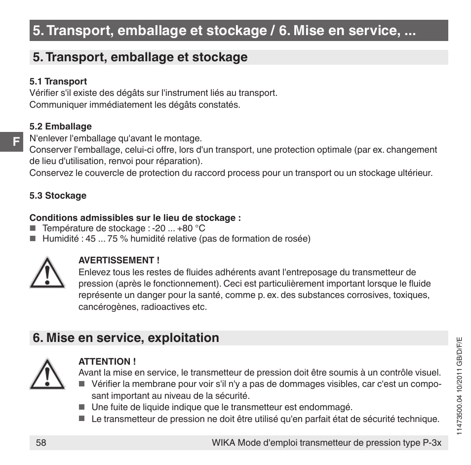 Transport, emballage et stockage, Mise en service, exploitation | WIKA P-31 User Manual | Page 58 / 92