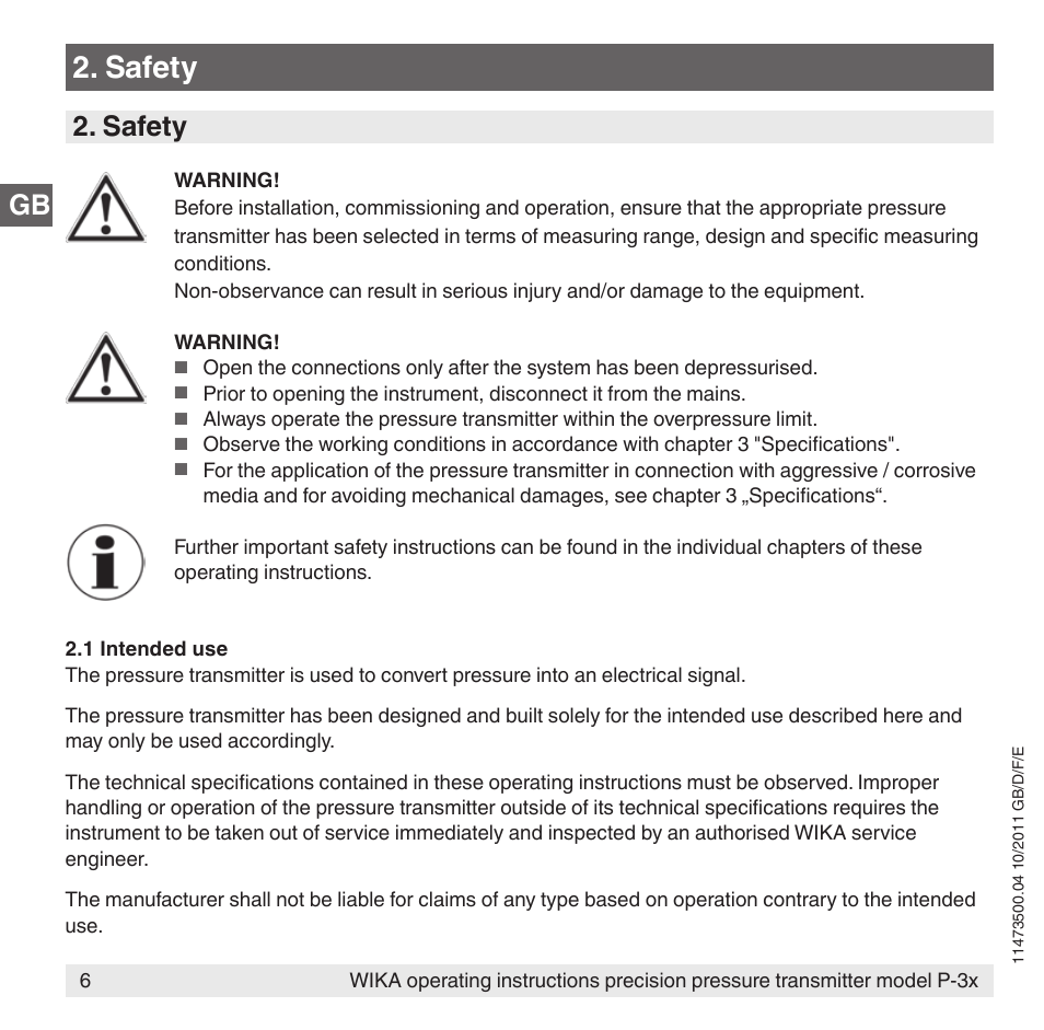 Safety, Gb 2. safety | WIKA P-31 User Manual | Page 6 / 92