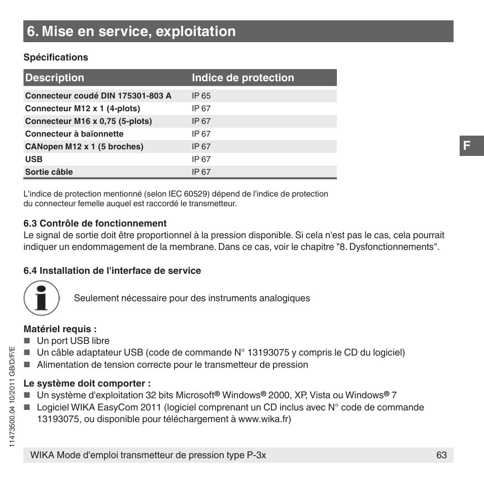Mise en service, exploitation, Description indice de protection | WIKA P-31 User Manual | Page 63 / 92