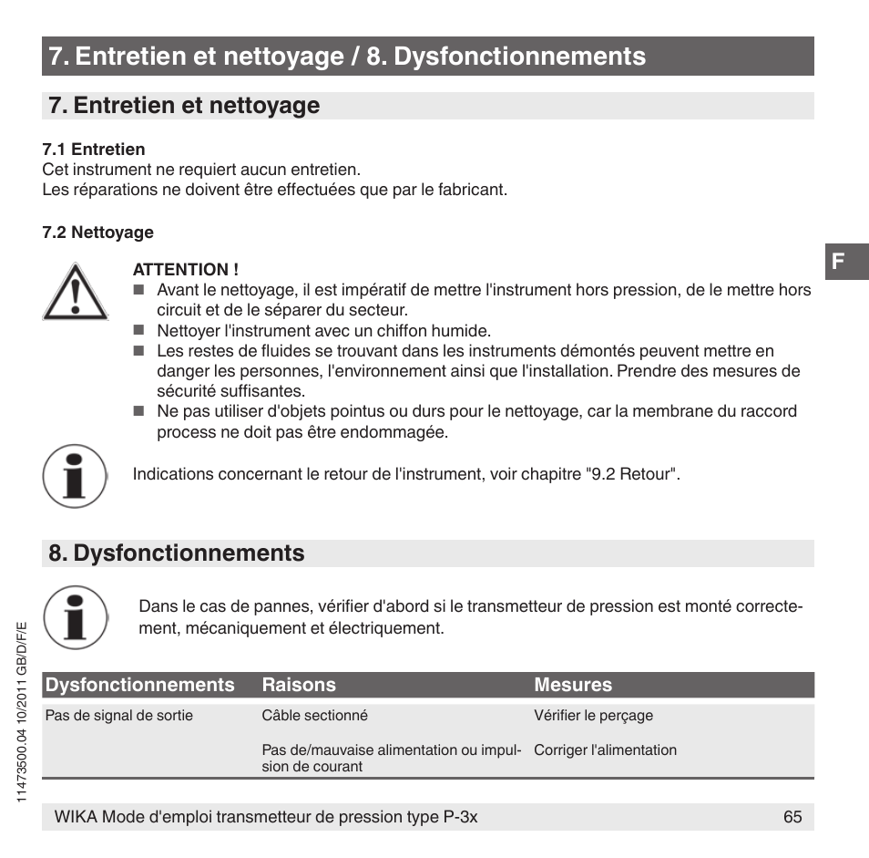 Entretien et nettoyage / 8. dysfonctionnements, Entretien et nettoyage, Dysfonctionnements | WIKA P-31 User Manual | Page 65 / 92