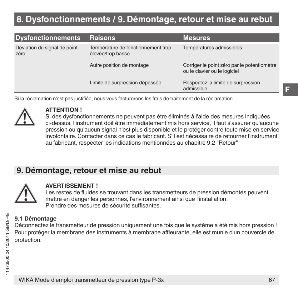Démontage, retour et mise au rebut | WIKA P-31 User Manual | Page 67 / 92