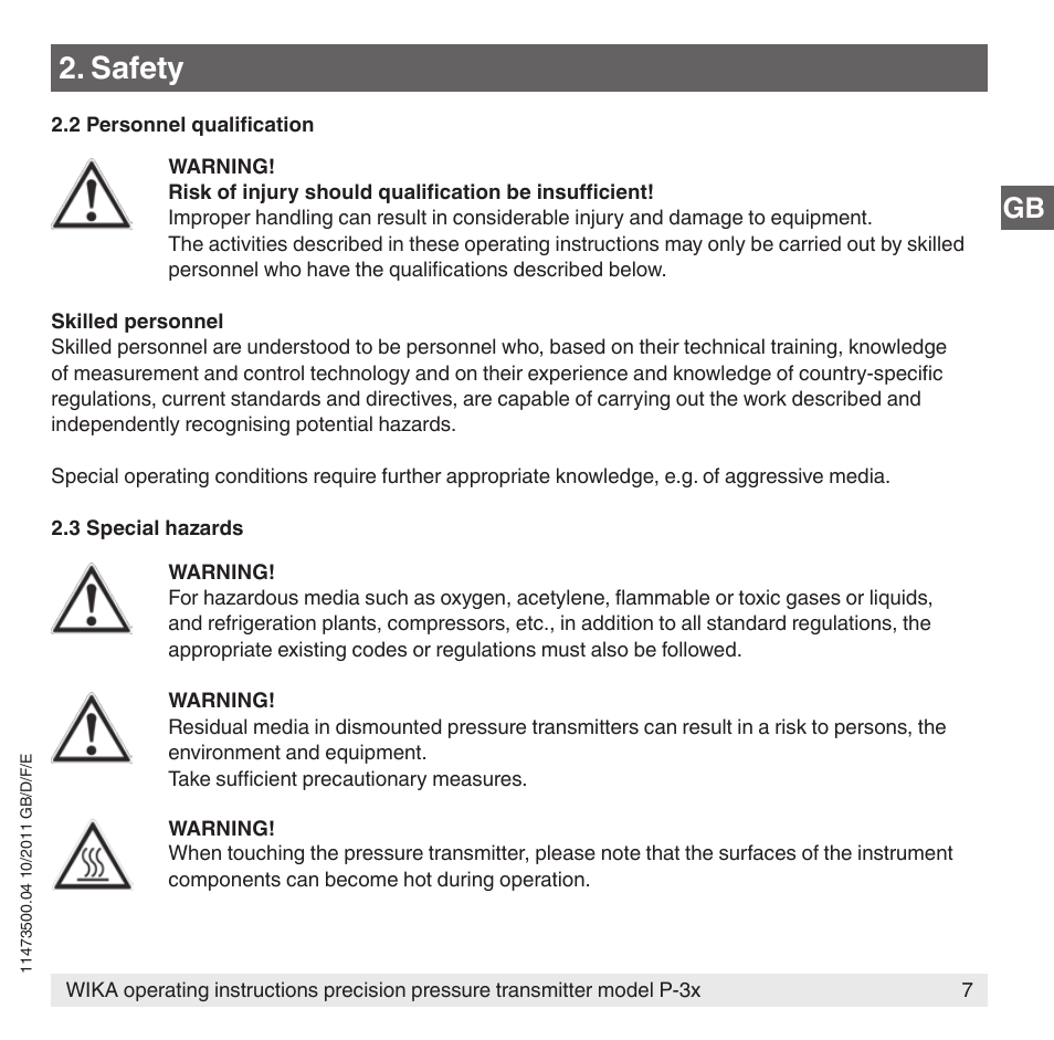 Safety | WIKA P-31 User Manual | Page 7 / 92