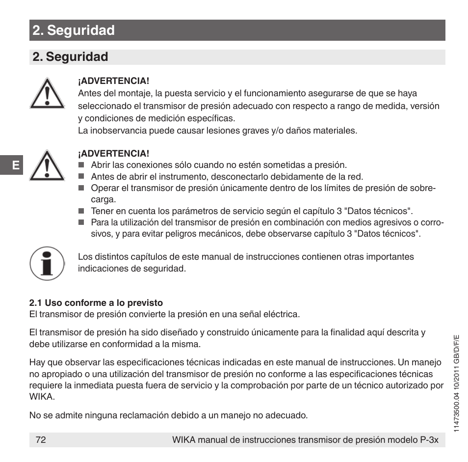 Seguridad | WIKA P-31 User Manual | Page 72 / 92