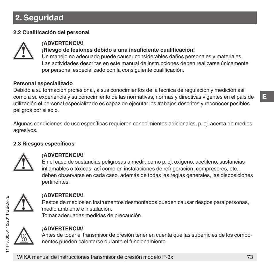 Seguridad | WIKA P-31 User Manual | Page 73 / 92