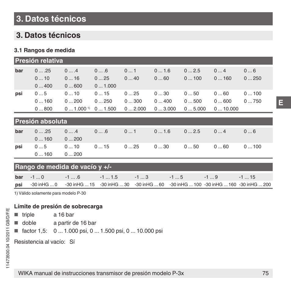 Datos técnicos, Presión relativa, Presión absoluta | Rango de medida de vacío y | WIKA P-31 User Manual | Page 75 / 92