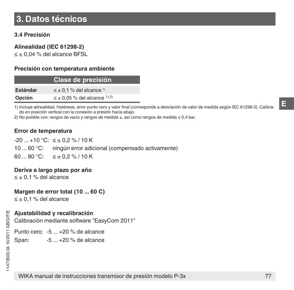 Datos técnicos, Clase de precisión | WIKA P-31 User Manual | Page 77 / 92