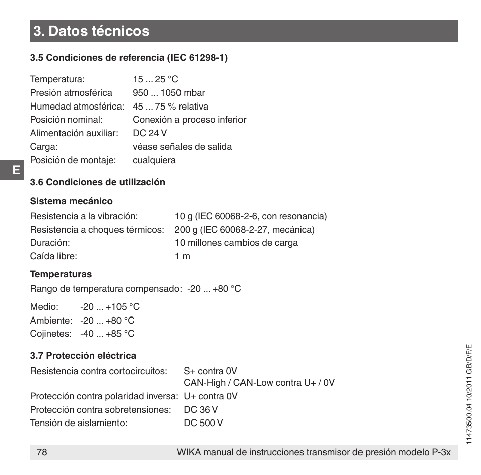 Datos técnicos | WIKA P-31 User Manual | Page 78 / 92