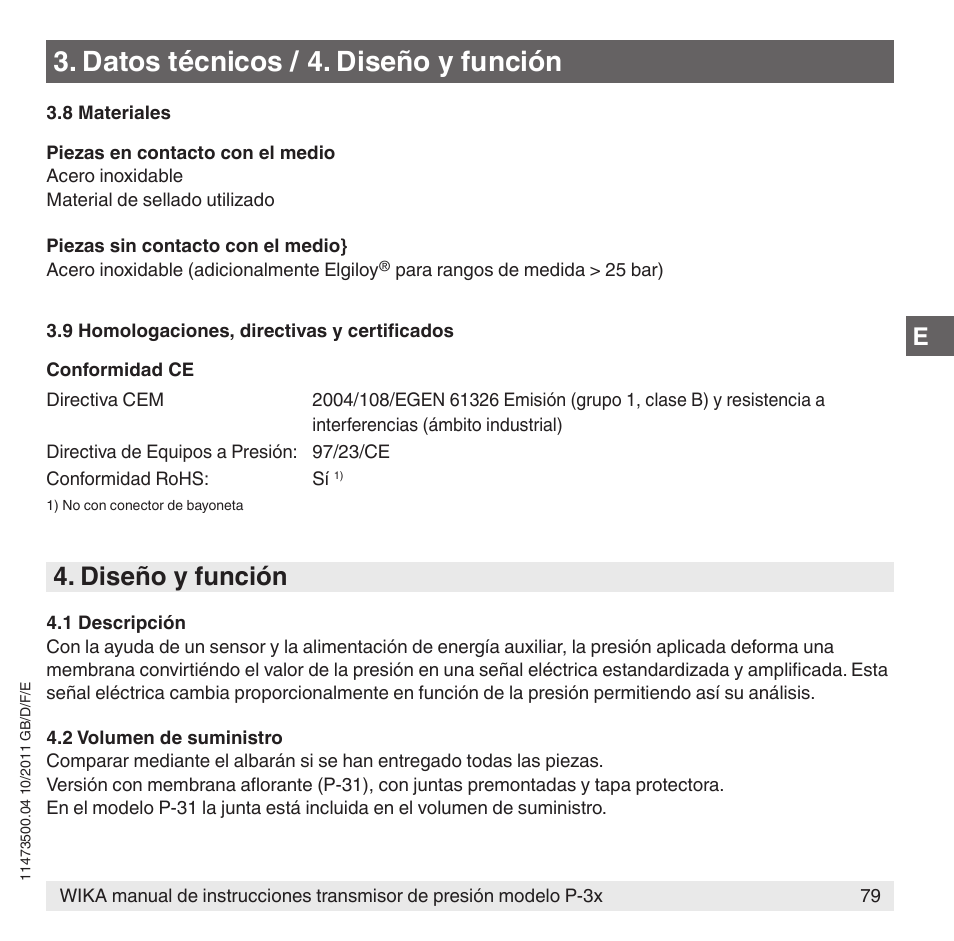 Datos técnicos / 4. diseño y función, Diseño y función | WIKA P-31 User Manual | Page 79 / 92