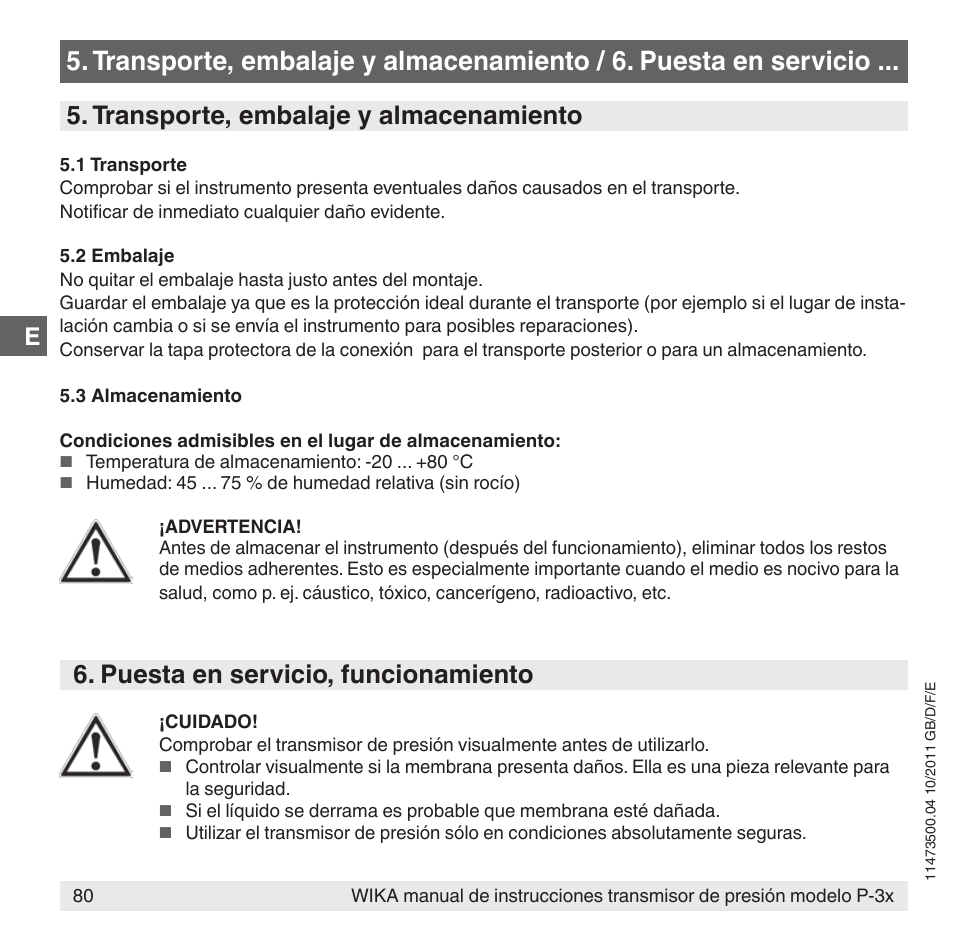 Transporte, embalaje y almacenamiento, Puesta en servicio, funcionamiento | WIKA P-31 User Manual | Page 80 / 92